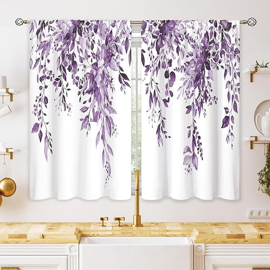 Eucalyptus Botanical Leaves Purple Floral Kitchen Window Curtains Over Sink Farmhouse Flower Leaf Small Window Treatment Cafe Short Curtains for Bathroom Treatment Tier Drapes 26x24 inch