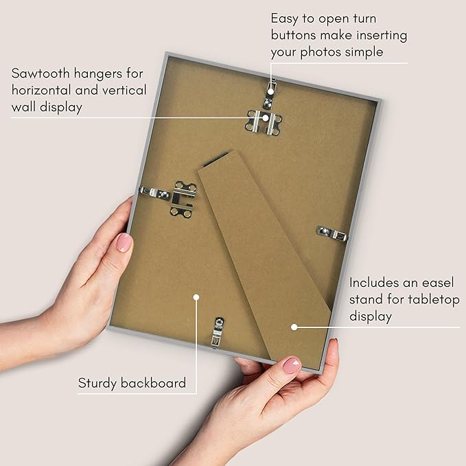 Americanflat 8.5x11 Picture Frame with Shatter-Resistant Glass - Streamline Collection - Thin Border Photo Frame for Tabletop and Wall Display - Hanging Hardware and Easel Stand Included - Grey