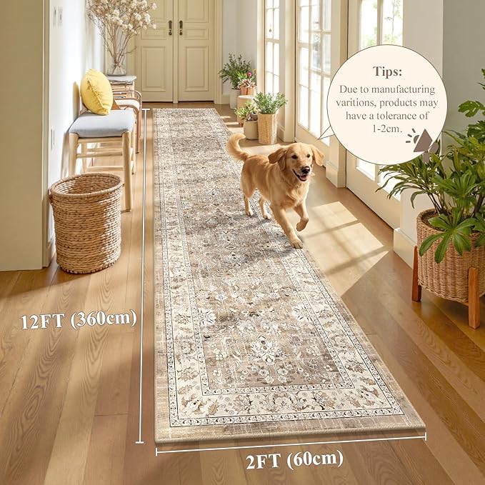 LOKHOM Washable Runner Rug, 2x12 Non-Slip Vintage Hallway Runner Rugs with Rubber Backing, Boho Soft Stain Resistant Distressed Kitchen Rugs Floor Carpet Runner for Hallway Entryway Laundry Bedroom