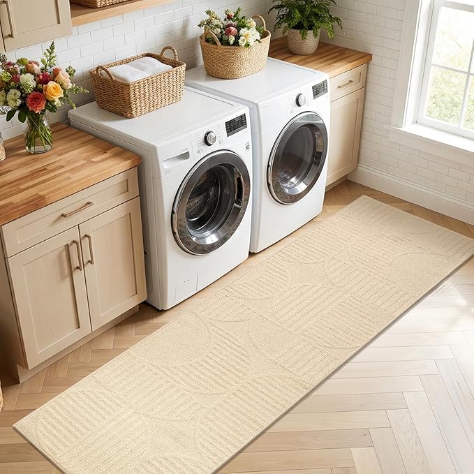 Findosom Washable Runner Rug 2x8, Geometric High-Low Textured Non Slip Hallway Runner Rug with Rubber Backing, Boho Carpet Runner for Kitchen, Bedroom, Laundry, Entryway, Bathroom, Beige