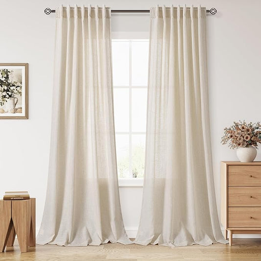 Nanspring Cream Beige Curtains 90 Inches Long for Living Room Linen Light Filtering Semi Sheer Curtain Back Tab Rod Pocket Modern Farmhouse Decor Elegant Coastal Drapes for Bedroom 52x90, 2 Panels