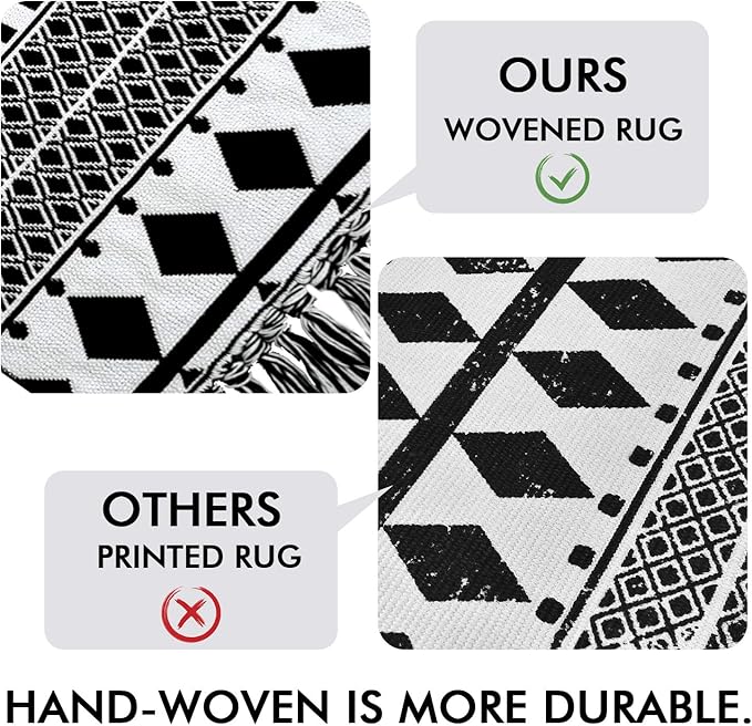 IOHOUZE Black Boho Area Rug - 4'x6' Cotton Woven Indoor Outdoor Doormat, Black White Runners for Hallways, Machine Washable Runner Rug for Kitchen Bedroom Living Room Laundry Entryway