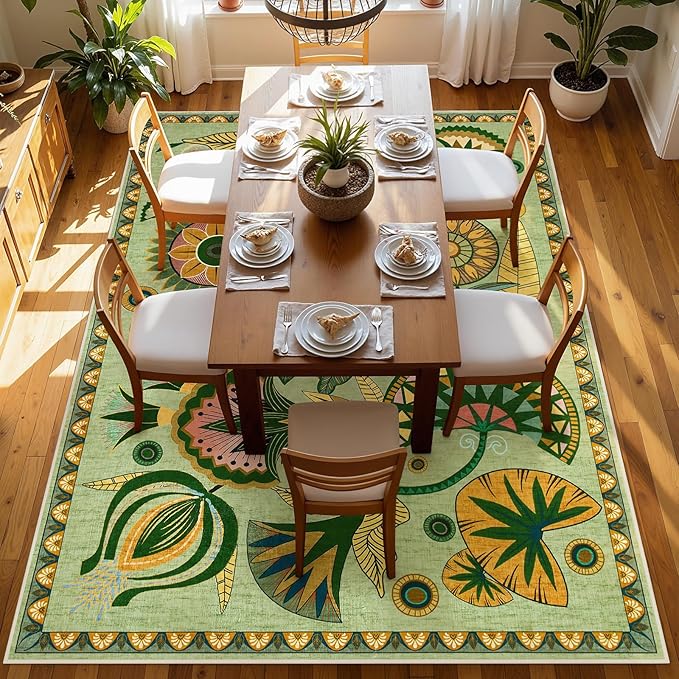 Joydeco Egypt Floral Boho Living Room Area Rug 6x9, Sage Green Washable Area Rug for Bedroom Dining Room Table, Non Slip Vintage Indoor Throw Carpet for Playroom Nursery Dorm Classroom, Green
