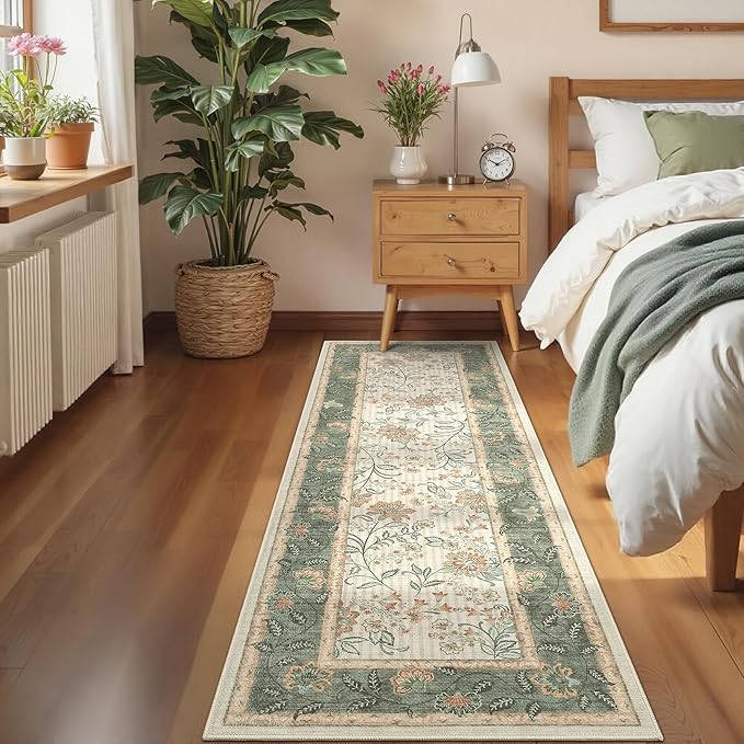 GarveeHome 2x6 Washable Runner Rug for Bedroom, Soft Botanical Floral Kitchen Runner with Non Slip Backing Sage Green Farmhouse Laundry Mat Stain Resistant Carpet for Hallway Bathroom Beside Rug