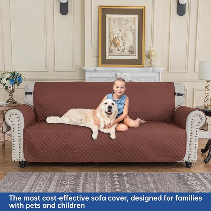 XINEAGE Quilted Sofa Cover Waterproof Couch Covers for 3 Cushion Couch, Super Soft Washable Slipcover with Pockets & Non-Slip Elastic Straps, Thick Furniture Protector (Sofa, Coffee)