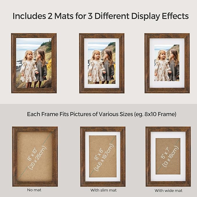 SONGMICS Picture Frames with 16 Mats, Set of 10 Collage Photo Frames, Two 8x10, Four 5x7, Four 4x6 Frames, Hanging or Table Display, Glass, 12 Non-Trace Nails, Rustic Brown URPF049X01