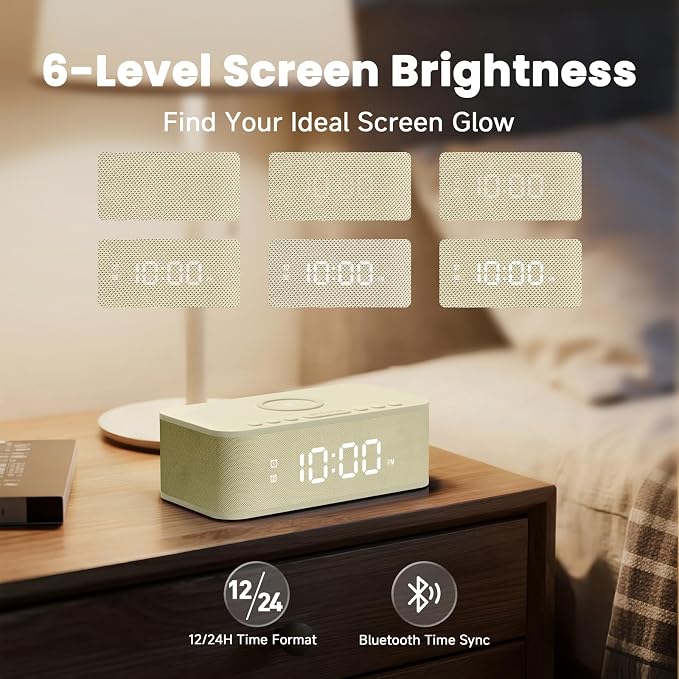 Digital Alarm Clock White Noise, Loud Digital Alarm Clocks Bedrooms, Alarm Clock Speaker Wireless Charger AUX USB Bluetooth Speaker 12/24H Dual Alarm Snooze Adjustable Brightness, Cream - Image 7