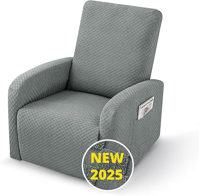 YEMYHOM 3 Pieces Stretch Recliner Slipcover Latest Jacquard Small Recliner Chair Cover with Side Pocket Anti-Slip Fitted Furniture Protector with Elastic Bottom (X-Small Recliner, Light Gray)