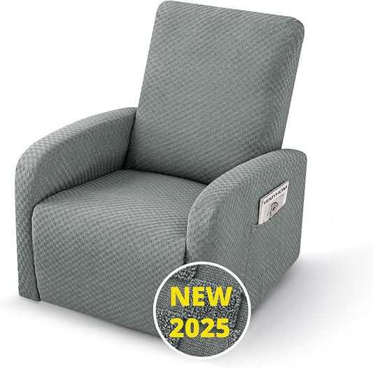 YEMYHOM 3 Pieces Stretch Recliner Slipcover Latest Jacquard Small Recliner Chair Cover with Side Pocket Anti-Slip Fitted Furniture Protector with Elastic Bottom (X-Small Recliner, Light Gray)