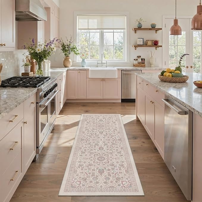 GENIMO Runner Rug for Hallways Machine Washable, 2x7 Non Slip Boho Vintage Lightweight Washable Runners, Thin Floor Rugs for Entryway Hallway Bathroom Laundry Room Corridor, Dusty Rose