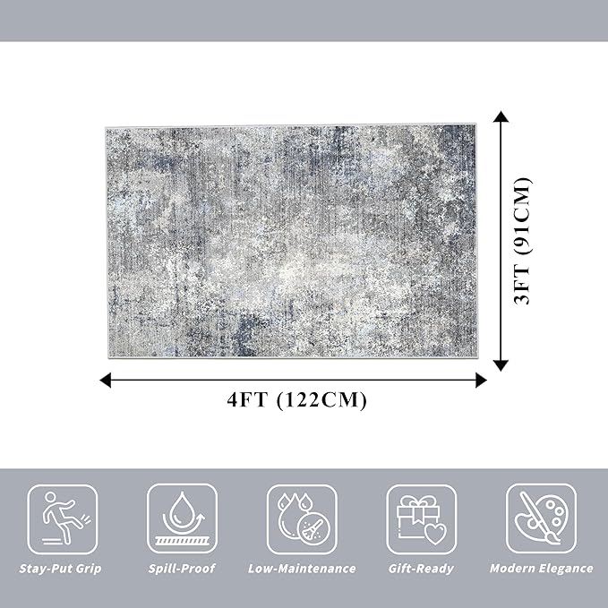 3x4 Washable Entryway Rug – Non-Slip Modern Abstract Small Area Rug for Kitchen, Bedroom, Bathroom – Soft Low-Pile Thin Indoor Door Mat （Blue Grey,3x4）
