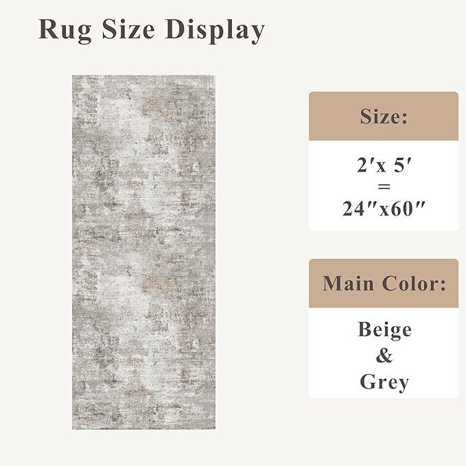2x5 Non-Slip Washable Runner Rug – Modern Neutral Abstract Small Rug for Hallway, Kitchen, Bathroom, Bedroom, Entryway, Laundry Room – Thin Soft Low-Pile Rubber Backing (Beige/Grey)