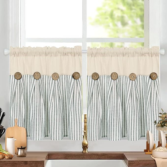 ASPMIZ Cotton Linen Kitchen Curtains 24 Inch Length Tier Curtain for Small Window Treatment, Boho Button Half Window Curtain Farmhouse, Green Stripe Rod Pocket Short Curtains for Window, 2 Panels
