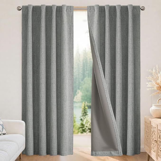 Joydeco Blackout Curtains for Bedroom - 100% Light Blocking 2 Panels Light Grey Drapes 42" W x 63" L, Thermal Insulated Room Darkening Curtains, Linen Textured for Living Room, Rod Pocket & Back Tabs