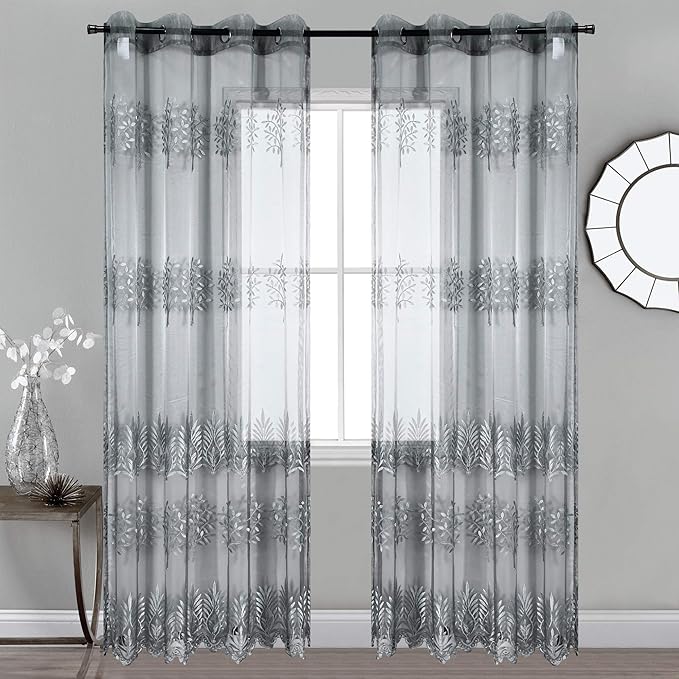 DONREN Tree Branch Design Embroidery Sheer Curtains for Bedroom - Luxury Grey Embroidery Sheer Curtain Panels for Living Room (W 52 x L 96 Inch,2 Panels)