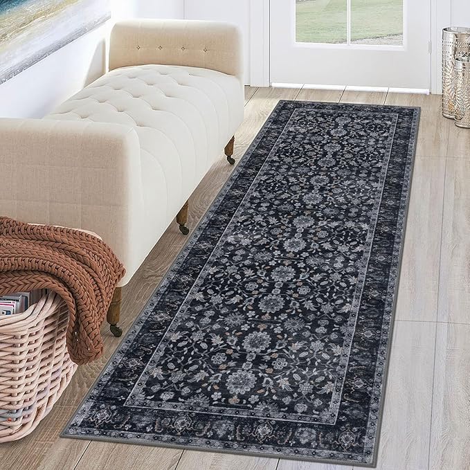 KUTA Runners for Hallways 2x6, Vintage Floral Rug Non-Slip Washable Kitchen Rugs Black Grey Orange Ultra Thin Soft Printed Distressed Flower Carpet Entryway Rugs for Bedroom Laundry Nursery