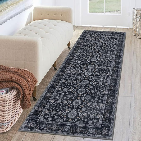 KUTA Runners for Hallways 2x6, Vintage Floral Rug Non-Slip Washable Kitchen Rugs Black Grey Orange Ultra Thin Soft Printed Distressed Flower Carpet Entryway Rugs for Bedroom Laundry Nursery