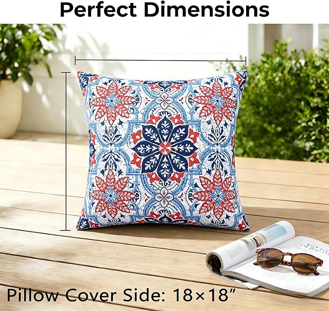 JMGBird Water-Resistant Outdoor Pillows Set of 2, 18x18 inch Durable White with Red Mandala Flower Throw Pillows with Inserts for Patio Furniture