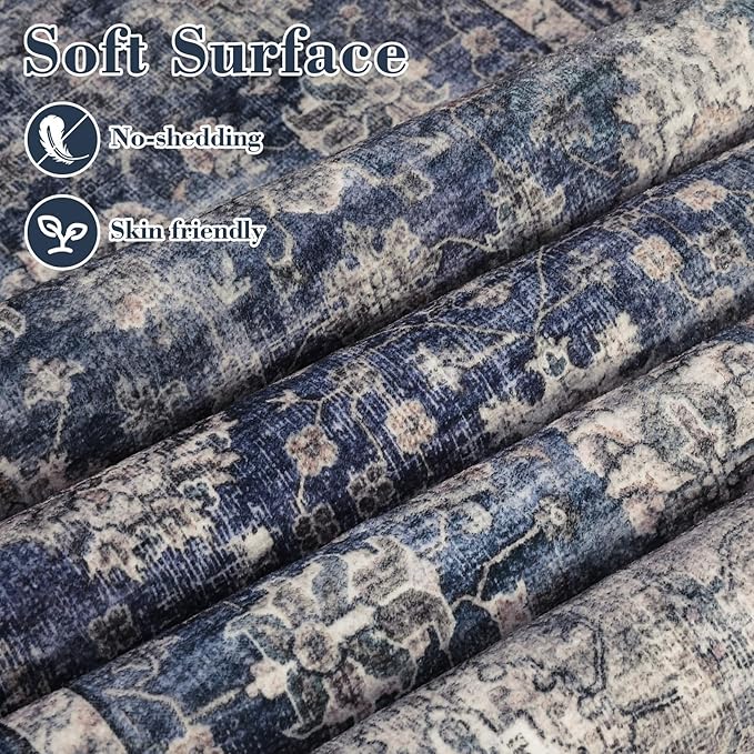 GarveeHome Area Rugs 2x3 Vintage Printed Floor Carpet with Non-Slip Backing, Stain-Resistant Oriental Throw Doormat, Washable Farmhouse Low Pile Rugs for Living Room, Bedroom, Office, Blue