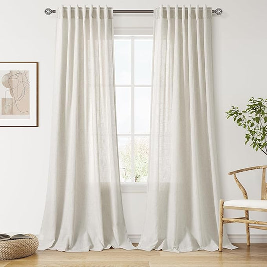 Nanspring Mousse White Lnen Curtains 102 Inches Long for Living Room Linen Light Filtering Semi Sheer Curtain Back Tab Simple Modern Floor to Ceiling Coastal Decor Drapes for Bedroom 52x102, 2 Panels
