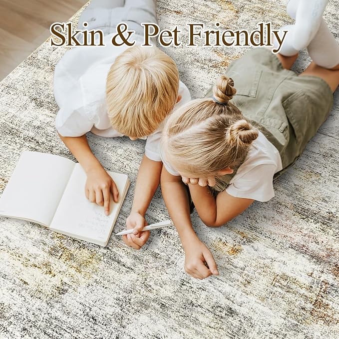Soalmost 10x14 Area Rugs for Living Room, Non Slip Machine Washable Vintage Rugs, Low Pile Lightweight Large Rug for Bedroom, Dining Room, Home Office Gray Rust