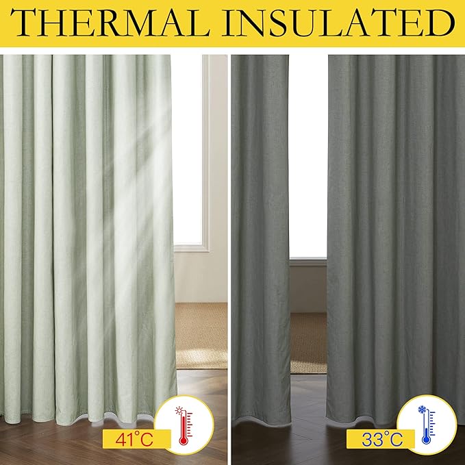 NICETOWN Sage Green Blackout Linen Curtains 95 inches Long, 2 Pieces, 52" Wide Each Panel, Bronze Grommet Full Light Blocking Drapes with White Thermal Insulated Coating for Nursery, Hall, Villa