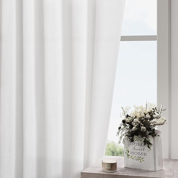 Nanspring White Linen Curtains 168 Inches Long Back Tab Extra Long Curtains for Living Room Farmhouse Light Filtering Semi Sheer Linen Drapes Ceiling to Floor for Large Window 2 Panels Set 52x168