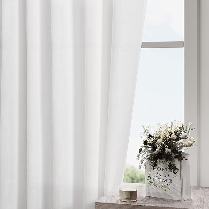 Extra Wide 100 Inch Linen Curtains for Living Room Divider Light Filtering Semi Sheer Back Tab Patio Curtains for Sliding Door White Coastal Decor Sunroom Floor to Ceiling Window Curtain 100x84