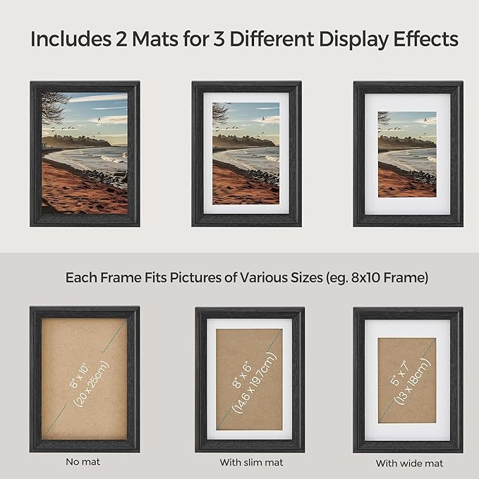 SONGMICS Picture Frames with 16 Mats, Set of 10 Collage Photo Frames, Two 8x10, Four 5x7, Four 4x6 Frames, Hanging or Table Display, Glass, 12 Non-Trace Nails, Ash Black URPF049B01