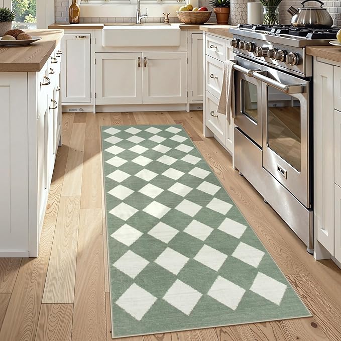 Lahome Zelie Checkered Washable 2x6 Green Runners for Hallways Non Slip, Ultra-Thin Kitchen Bathroom Runner Rugs, Moroccan Trellis Throw Carpet Runner for Bedroom Entryway Decor (2'x6',Green)