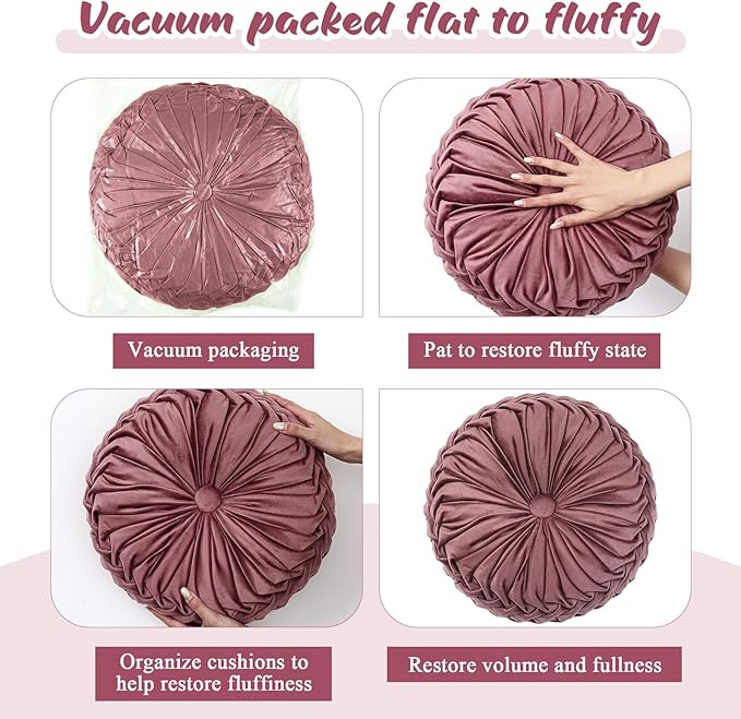 Drydiet 1 Pcs Round Throw Velvet Pillows Decorative Pleated Throw Pillows 15'' Diameter Accent Pumpkin Boho Chair Cushion for Couch Sofa Home Decoration (Dusty Rose)