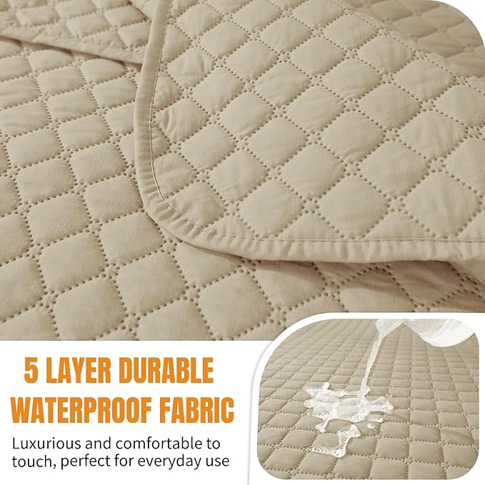 XINEAGE Water Resistant Recliner Cover, 2 Seat Loveseat Covers with Pockets, Quilted Thick Protector Cover for Dog Pets with Non Slip Backing and Strap (Loveseat, Khaki)