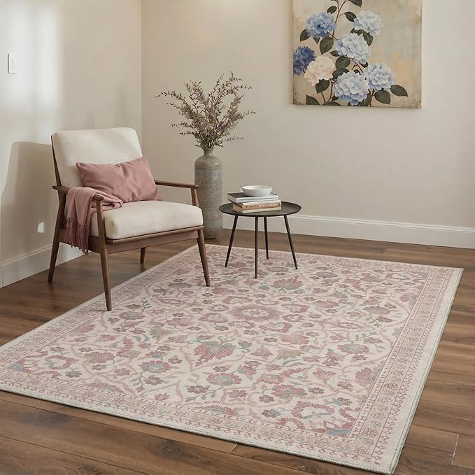 GENIMO Runner Rug for Hallways Machine Washable, 2'6''x6 Non Slip Boho Vintage Lightweight Washable Runners, Thin Floor Rugs for Entryway Hallway Bathroom Laundry Room Corridor, Dusty Rose