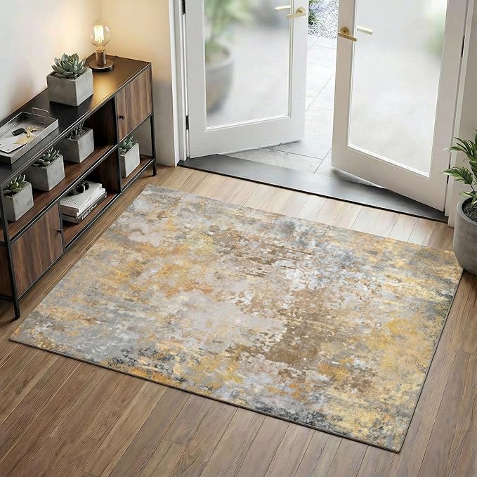 Beige Gold Entryway Rug 3x5 Door Mat Indoor Entrance 36x60, Washable Small Throw Rugs for Kitchen Floor, Entry, Front Door, Bedroom Bedside, Non-Slip Low Pile Stain & Fade Resistant, Abstract