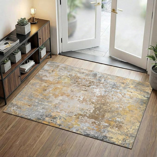Beige Gold Entryway Rug 3x5 Door Mat Indoor Entrance 36x60, Washable Small Throw Rugs for Kitchen Floor, Entry, Front Door, Bedroom Bedside, Non-Slip Low Pile Stain & Fade Resistant, Abstract