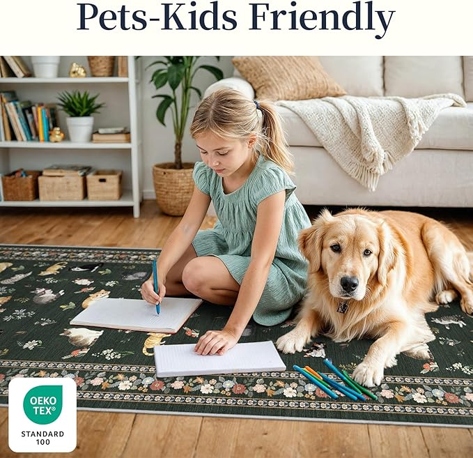 3x7 Washable Kitchen Runner Rug - Soft Low Pile Floral Animal Cat Print Rugs with Non-Slip Backing Waterproof Stain-Resistant Indoor Carpet for Hallway Entryway Bathroom Bedroom (Sage Green)