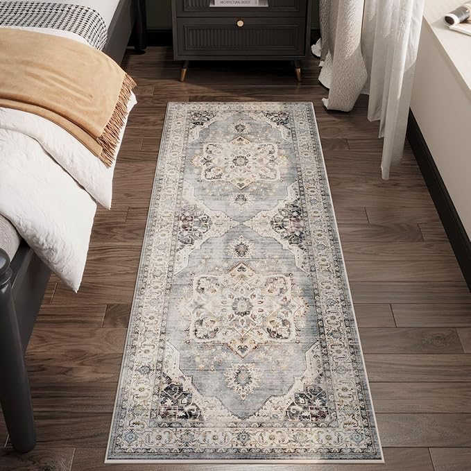 Rugcomf Vintage Medallion Kitchen Runner 2'x6' - Machine Washable Rug, Non-Slip Low Pile Boho Carpet for Hallways, Laundry, Bedroom, Bathroom - Grey and White
