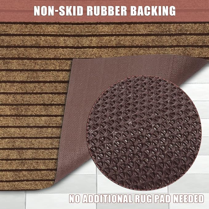 Runner Rug 4 ft x 9 ft Indoor/Outdoor Low Profile, Hallway, Kitchen, Patio, Deck Area, RV, Entryway, Garage, with Non-Slip Rubber Backing, Brown with Brown Stripe, Custom