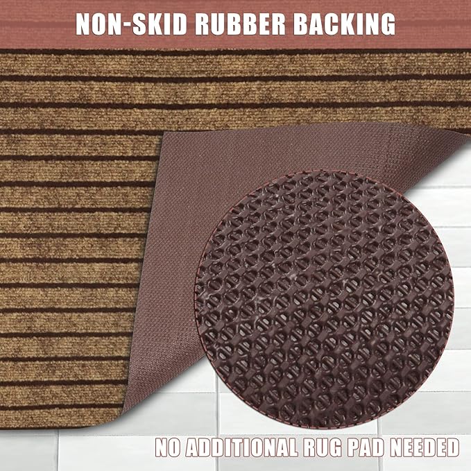 Runner Rug 2 ft x 8 ft Indoor/Outdoor Low Profile, Hallway, Kitchen, Patio, Deck Area, RV, Entryway, Garage, with Non-Slip Rubber Backing, Brown with Brown Stripe, Custom