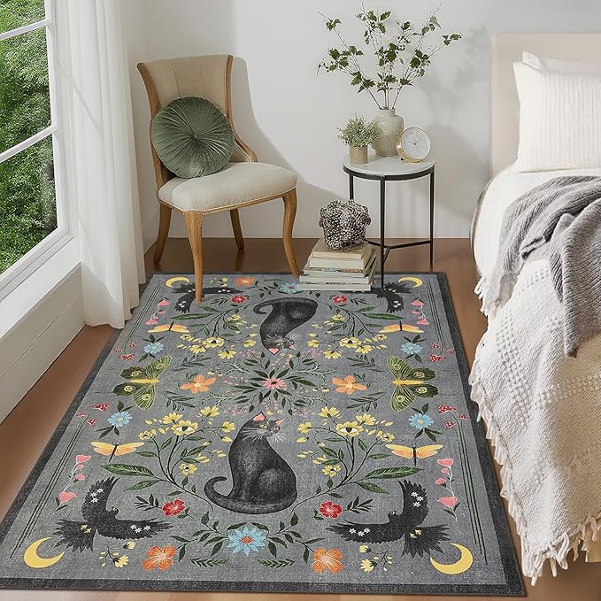 GarveeHome 3x5 Cat Washable Area Rug for Entryway, Mushroom Floral Grey Bedroom Rug Non Slip Low Pile Butterfly Carpet Stain Resistant Throw Rug for Kitchen Dorm Kids Room Office Dining Room