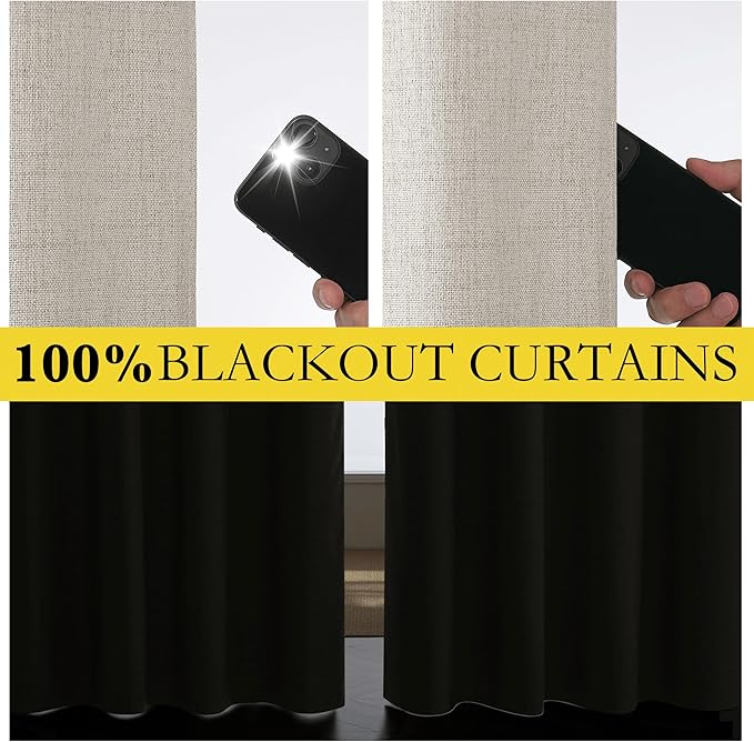 NICETOWN Brich Vintage Open Linen Weave Flax Thermal Curtains, 100% Blackout Curtains 120" Long for Dining Room, Soundproof Window Treatment Drapes for Home Office, 62" Wide Per Panel, Set of 2