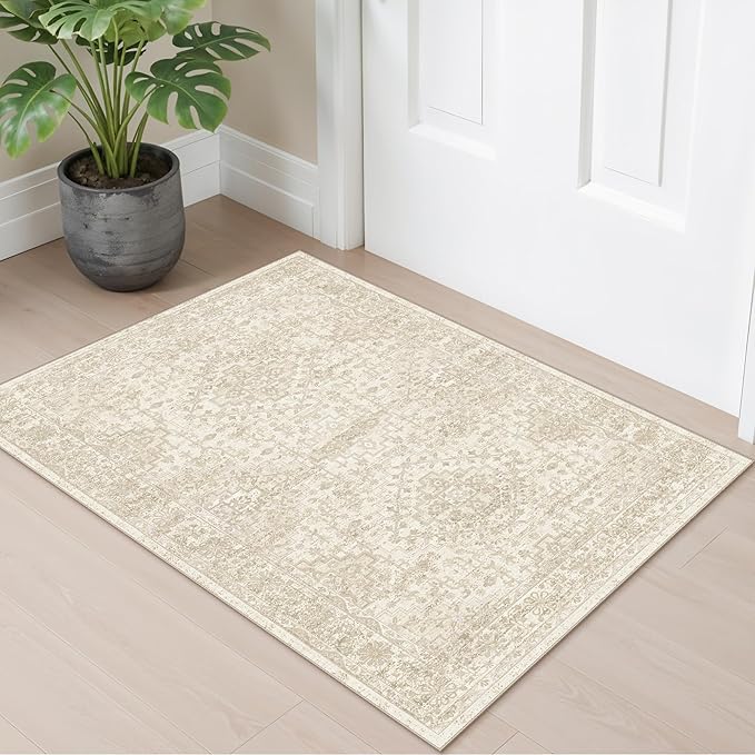 2x3 Washable Non-Slip Area Rug - Soft Low Pile Throw Rug for Kitchen Entryway Bedroom - Vintage Distressed Indoor Door Mat with Rubber Backing (Ivory Beige)