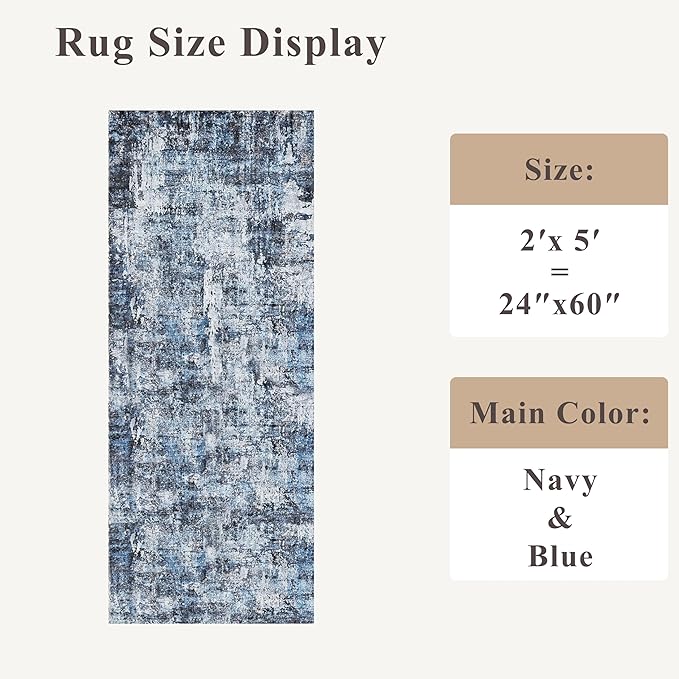 2x5 Washable Kitchen Runner Rug – Non-Slip Rubber Backing Low-Pile Soft Small Rug for Hallway Bathroom Bedroom Entryway Laundry Room – Modern Neutral Abstract Thin (Navy Blue)