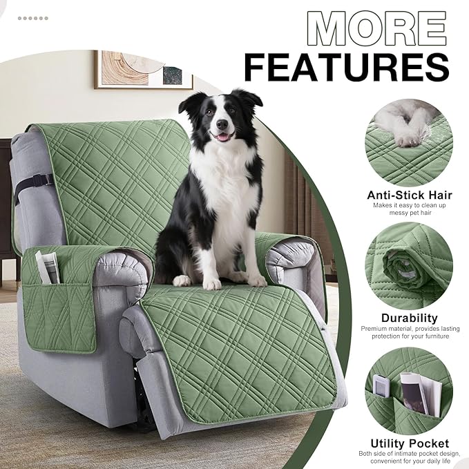 TAOCOCO 100% Waterproof Recliner Chair Covers, Non Slip Recliner Covers for Recliner Chair with Pocket, Washable Reclining Chair Cover Furniture Protector for Kids,Dogs(22'', Bean Green)