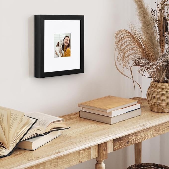 Americanflat 8x8 Picture Frame with Shatter-Resistant Glass - Use as 4x4 Frame with Mat or Display 8x8 Photo Without Mat - Soho Collection - Deep Molding Square Frames for Tabletop or Wall - Black