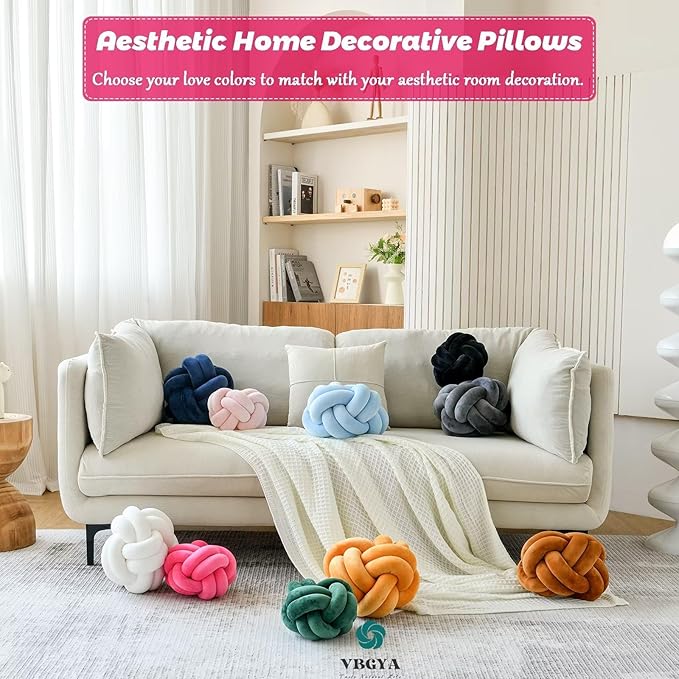 Round Knot Plush Cushion, 11 Inch Decorative Throw Pillows for Bedroom, Sofa, Couch - Modern Designs in Hot Pink