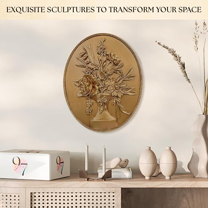 97 Decor Vintage Wall Sculptures For Living Room - Gold Vintage Wall Decor, Ornate Oval Hangings Antique Pediment Brass Floral Walls Art Gallery For Home Kitchen Bedroom Decorations