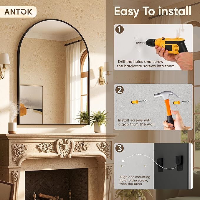 Antok Arched Bathroom Mirror, 30"x40" Wall Mounted Mirror, Vanity Mirrors for Over Sink, Aluminum Alloy Frame Bathroom Mirrors Living Room, Bedroom and Entryway, Black