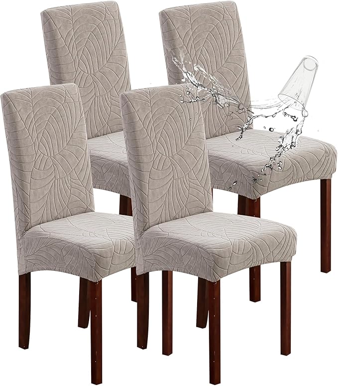 Genina 100% Waterproof Chair Covers for Dining Room Set of 4, Large Dining Room Chair Covers Protectors Stretch Kitchen Parson Chair Slipcovers for Home, Restaurant (Large, Leaves-Warm Gray)