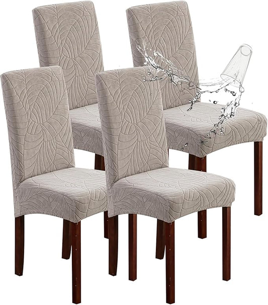 Genina 100% Waterproof Chair Covers for Dining Room Set of 4, Large Dining Room Chair Covers Protectors Stretch Kitchen Parson Chair Slipcovers for Home, Restaurant (Large, Leaves-Warm Gray)